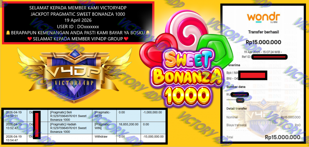 VICTORY4DP JACKPOT PRAGMATIC SWEET BONANZA 1000 Rp 15.000.000,- LUNAS