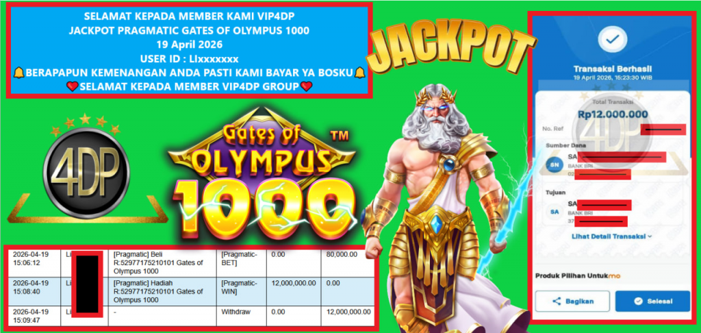 VIP4DP JACKPOT PRAGMATIC GATES OF OLYMPUS 1000 Rp 12.000.000,- LUNAS