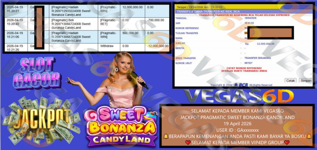 VEGAS6D JACKPOT PRAGMATIC SWEET BONANZA CANDYLAND Rp 12.000.000,- LUNAS