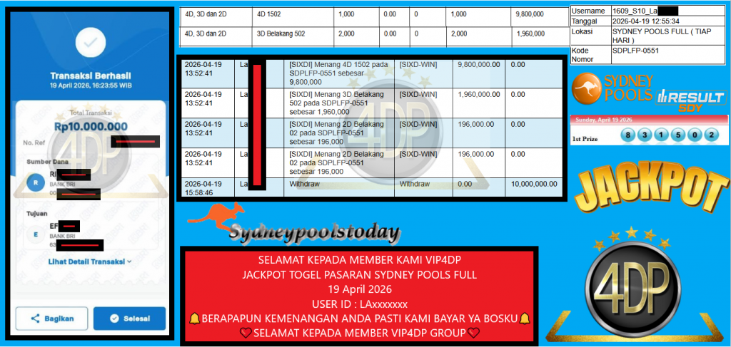 VIP4DP JACKPOT TOGEL PASARAN SYDNEY POOLS FULL Rp 10.000.000,- LUNAS
