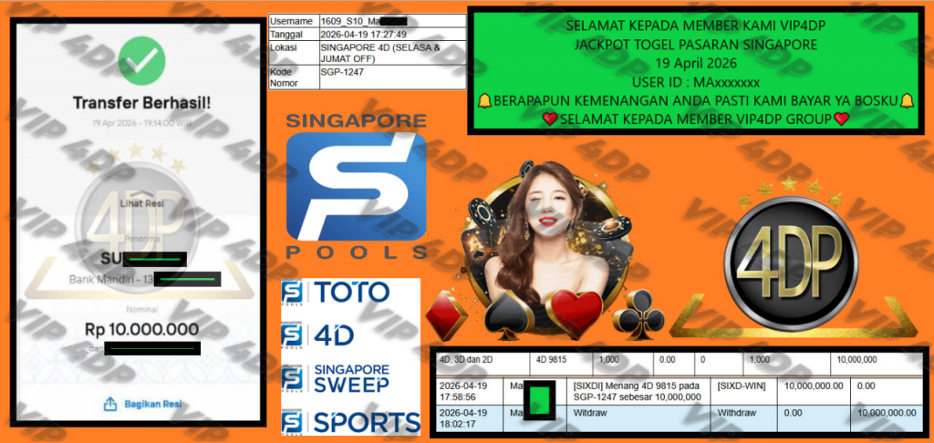 VIP4DP JACKPOT TOGEL PASARAN SINGAPORE Rp 10.000.000,- LUNAS