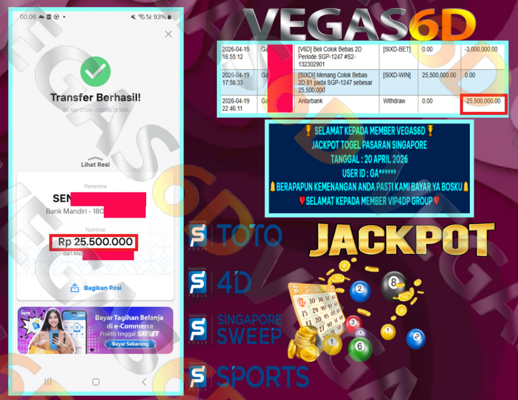 VEGAS6D JACKPOT TOGEL PASARAN SINGAPORE Rp.25.500.000,- LUNAS