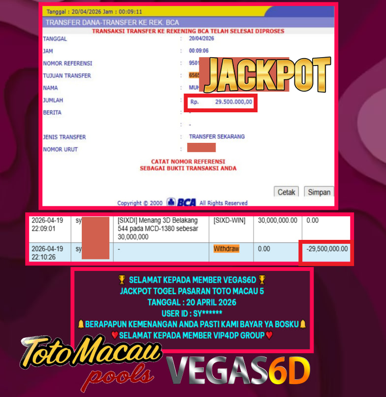 VEGAS6D JACKPOT TOGEL PASARAN TOTO MACAU 5 Rp.29.500.000,- LUNAS