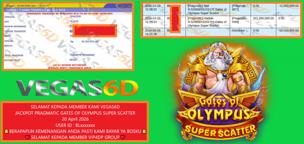 VEGAS6D JACKPOT PRAGMATIC GATES OF OLYMPUS SUPER SCATTER Rp 50.000.000,- LUNAS