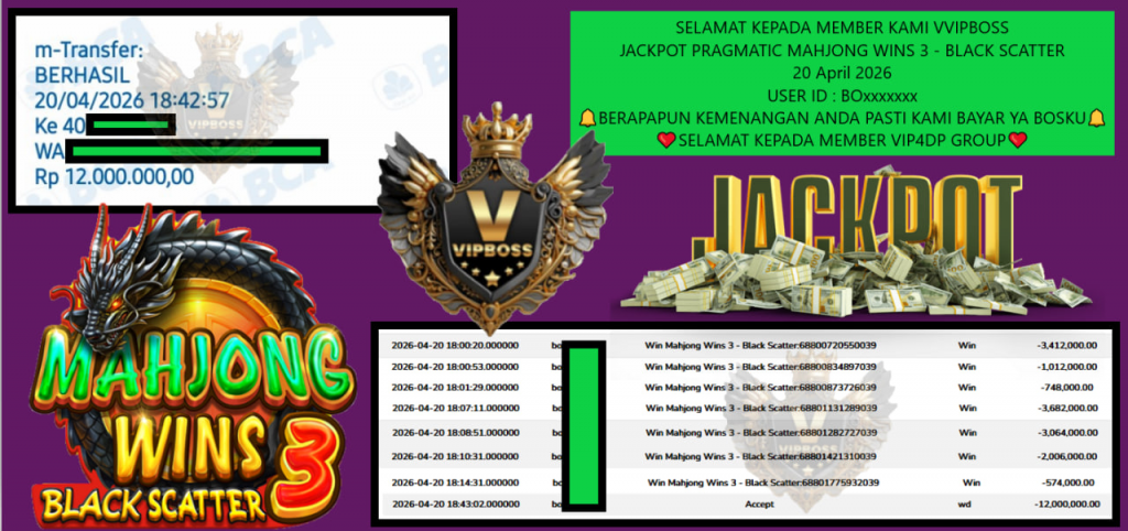 VVIPBOSS JACKPOT PRAGMATIC MAHJONG WINS 3 – BLACK SCATTER Rp 12.000.000,- LUNAS