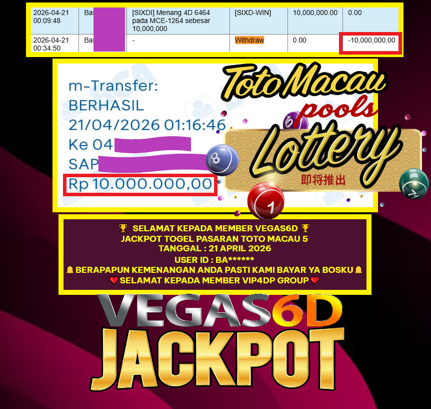VEGAS6D JACKPOT PASARAN TOTO MACAU 5 Rp.10.000.000,- LUNAS
