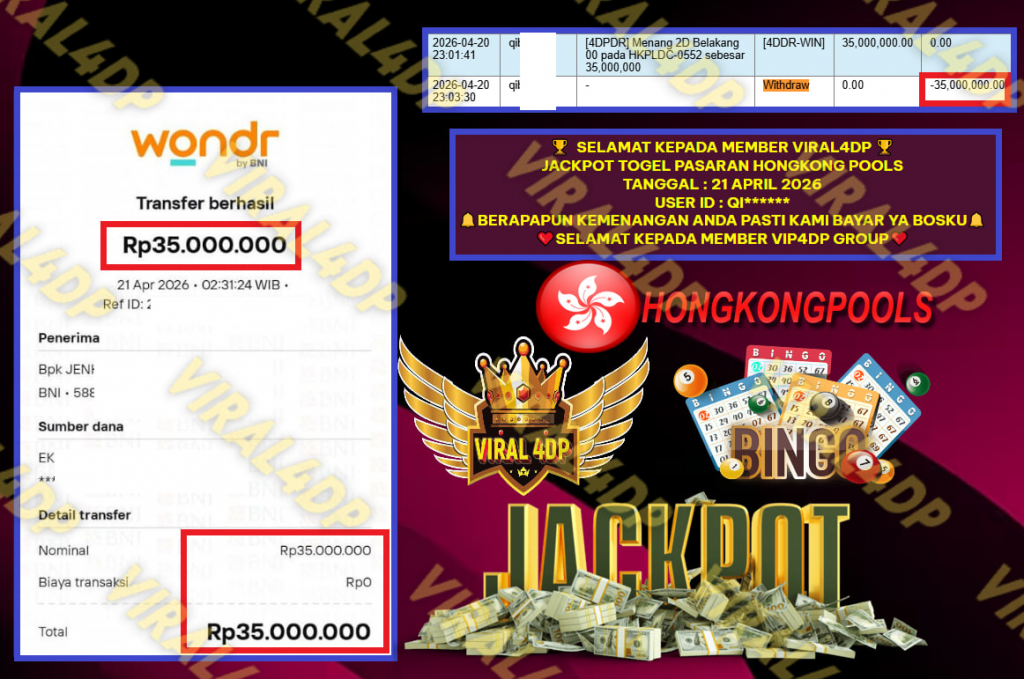 VIRAL4DP JACKPOT TOGEL PASARAN HONGKONG POOLS Rp.35.000.000,- LUNAS