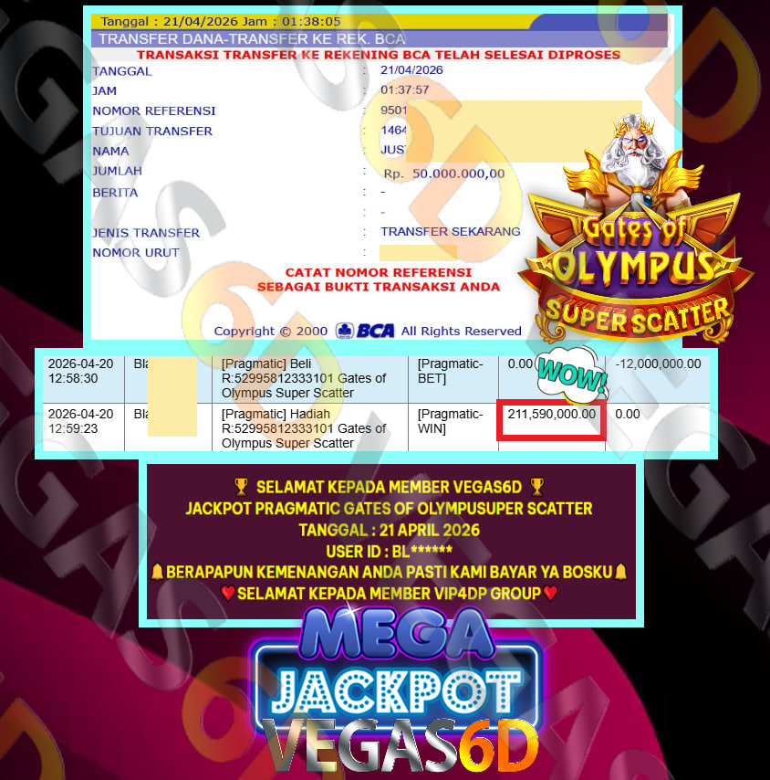 VEGAS6D JACKPOT PRAMATIG ” GATES OF OLYMPUS SUPER SCATTER ” Rp.211.590.000,- LUNAS