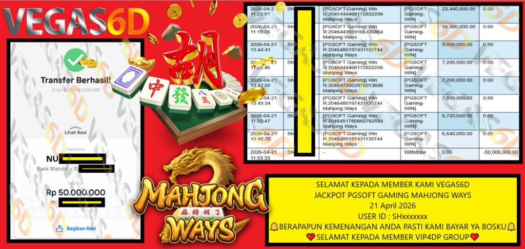 VEGAS6D JACKPOT PGSOFT GAMING MAHJONG WAYS Rp 50.000.000,- LUNAS