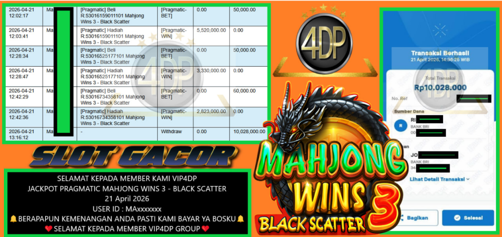 VIP4DP JACKPOT PRAGMATIC MAHJONG WINS 3 – BLACK SCATTER Rp 10.028.000,- LUNAS