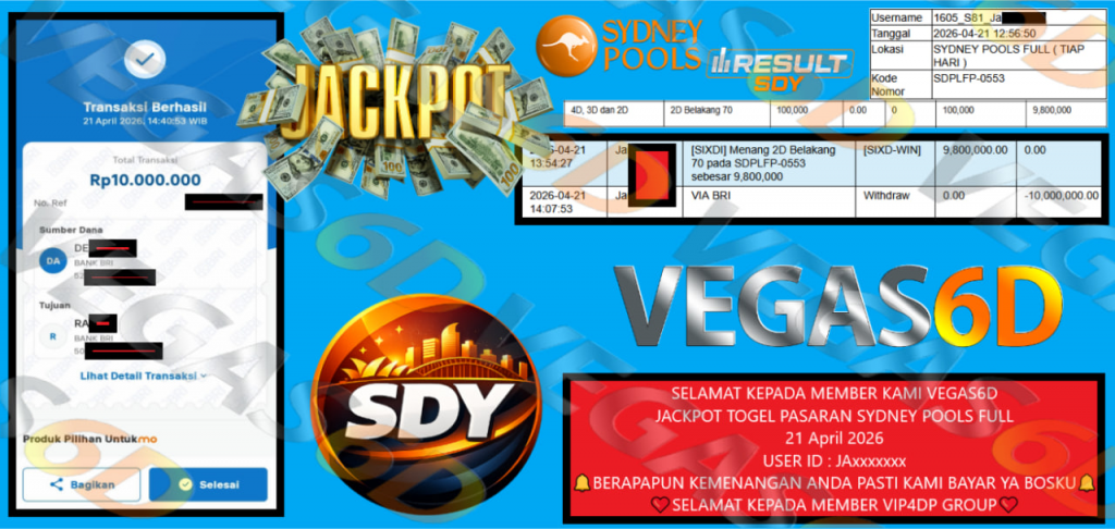 VEGAS6D JACKPOT TOGEL PASARAN SYDNEY POOLS FULL Rp 10.000.000,- LUNAS