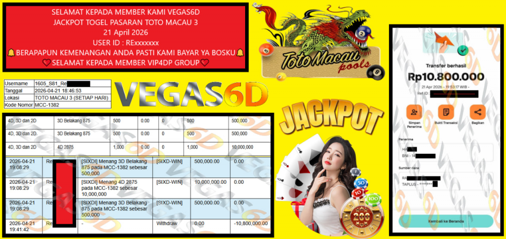 VEGAS6D JACKPOT TOGEL PASARAN TOTO MACAU 3 Rp 10.800.000,- LUNAS