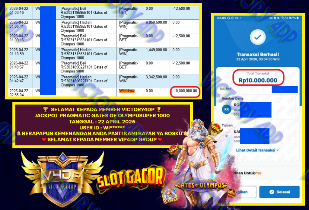 VICTORY4DP JACKPOT PRAMATIG ” GATES OF OLYMPUS 1000 ” Rp.10.000.000,- LUNAS