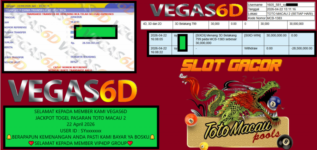 VEGAS6D JACKPOT TOGEL PASARAN TOTO MACAU 2 Rp 28.500.000,- LUNAS