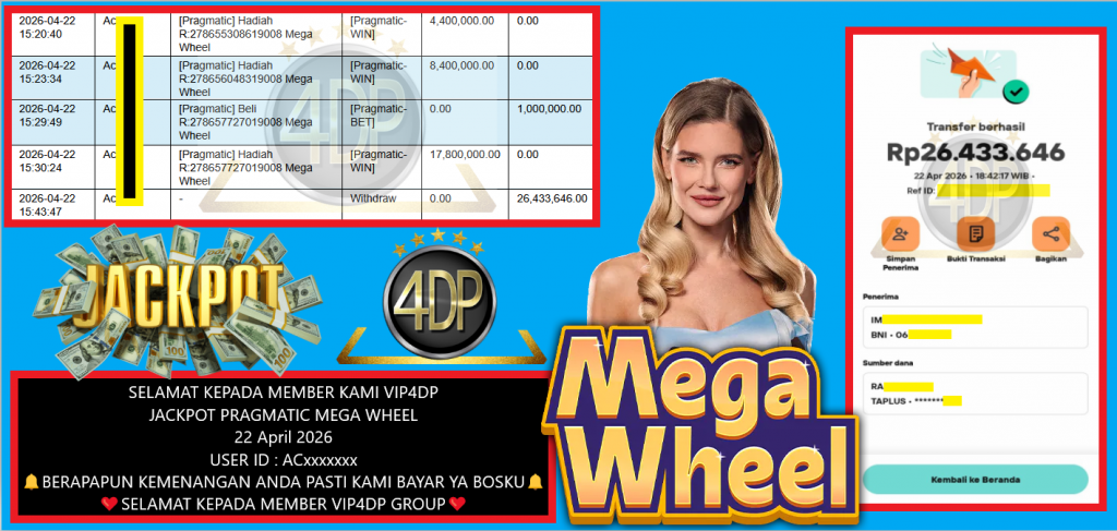 VIP4DP JACKPOT PRAGMATIC MEGA WHEEL Rp 26.433.646,- LUNAS