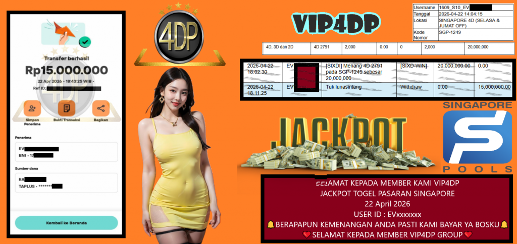 VIP4DP JACKPOT TOGEL PASARAN SINGAPORE Rp 15.000.000,- LUNAS