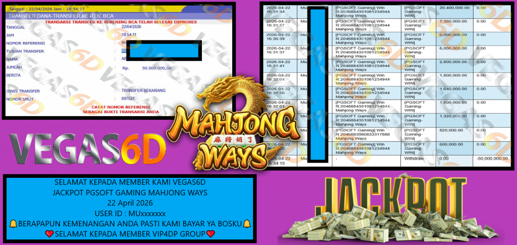 VEGAS6D JACKPOT PGSOFT GAMING MAHJONG WAYS Rp 50.000.000,- LUNAS