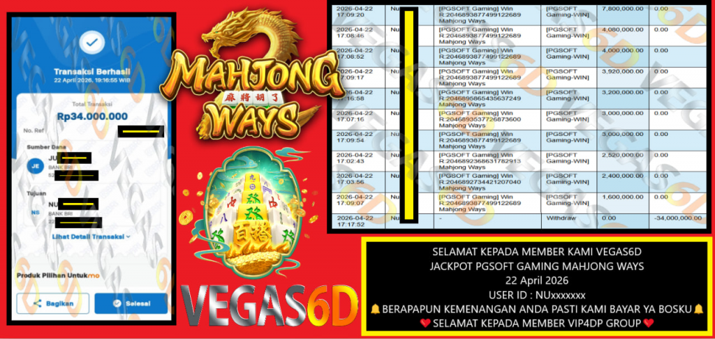 VEGAS6D JACKPOT PGSOFT GAMING MAHJONG WAYS Rp 34.000.000,- LUNAS