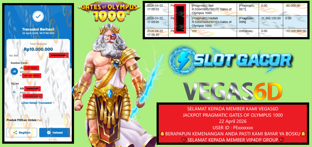 VEGAS6D JACKPOT PRAGMATIC GATES OF OLYMPUS 1000 Rp 10.000.000,- LUNAS
