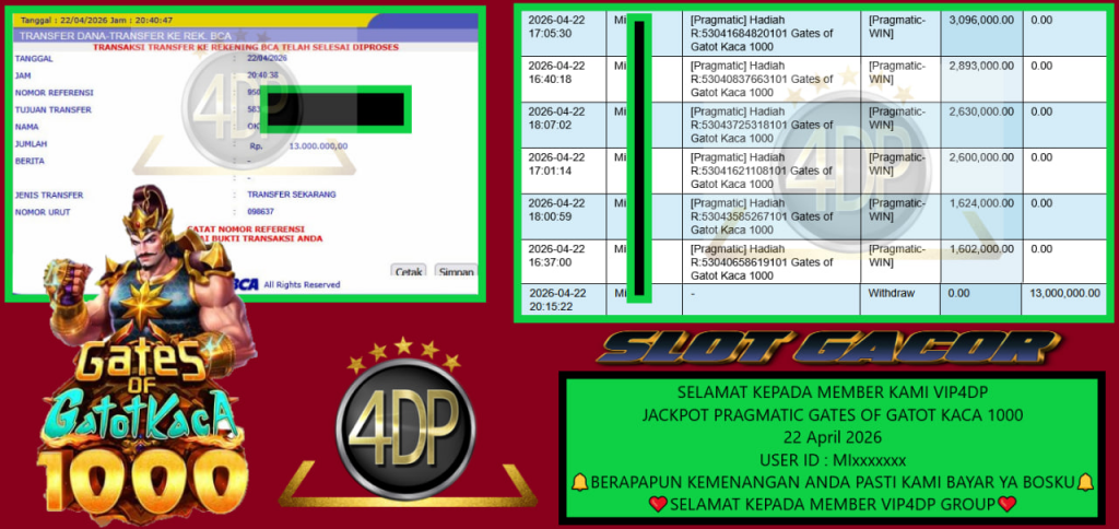 VIP4DP JACKPOT PRAGMATIC GATES OF GATOT KACA 1000 Rp 13.000.000,- LUNAS