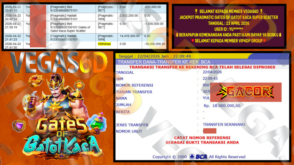 VEGAS6D JACKPOT PRAMATIG GATES OF GATOT KACA SUPER SCATTER Rp.18.000.000,- LUNAS
