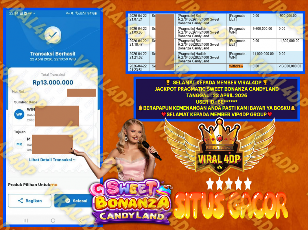 VIRAL4DP JACKPOT PRAGMATIC SWEET BONANZA CANDYLAND Rp.13.000.000,- LUNAS