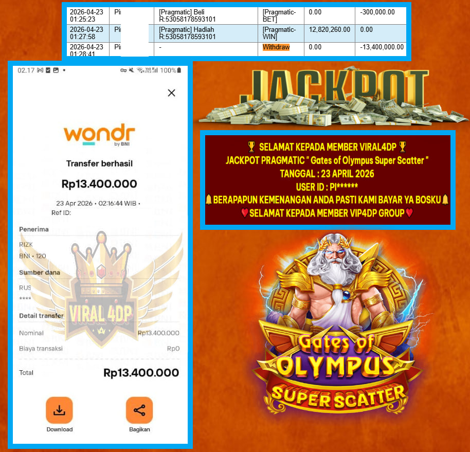 VIRAL4DP JACKPOT PRAGMATIC ” Gates of Olympus Super Scatter ” Rp.13.400.000,- LUNAS