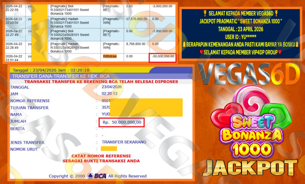 VEGAS6D JACKPOT PRAGMATIC ” SWEET BONANZA 1000 ” Rp.50.000.000,- LUNAS