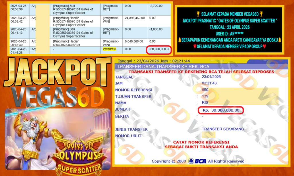 VEGAS6D JACKPOT PRAGMATIC” GATES OF OLYMPUS SUPER SCATTER ” Rp.30.000.000,- LUNAS
