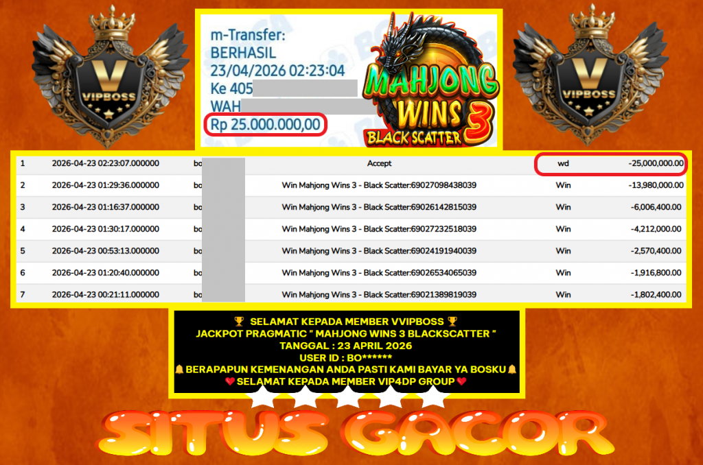 VVIPBOSS JACKPOT PRAGMATICMAHJONG WINS 3 BLACKSCATTER Rp.25.000.000,- LUNAS