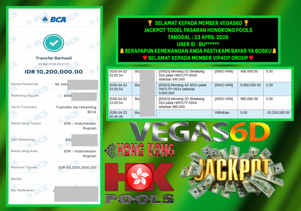 VEGAS6D JACKPOT TOGEL PASARAN HONGKONG POOLS Rp.10.200.000,- LUNAS