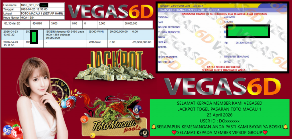 VEGAS6D JACKPOT TOGEL PASARAN TOTO MACAU 1 Rp 28.300.000,- LUNAS