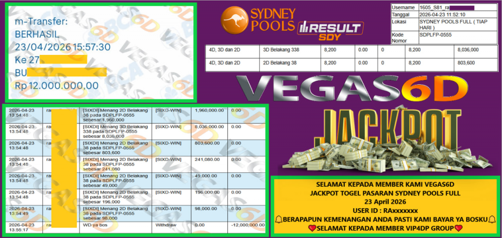 VEGAS6D JACKPOT TOGEL PASARAN SYDNEY POOLS FULL Rp 12.000.000,- LUNAS