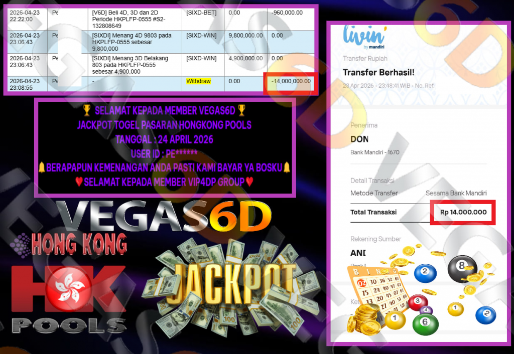 VEGAS6D JACKPOT PASARAN HONGKONG POOLS Rp.14.000.000,- LUNAS
