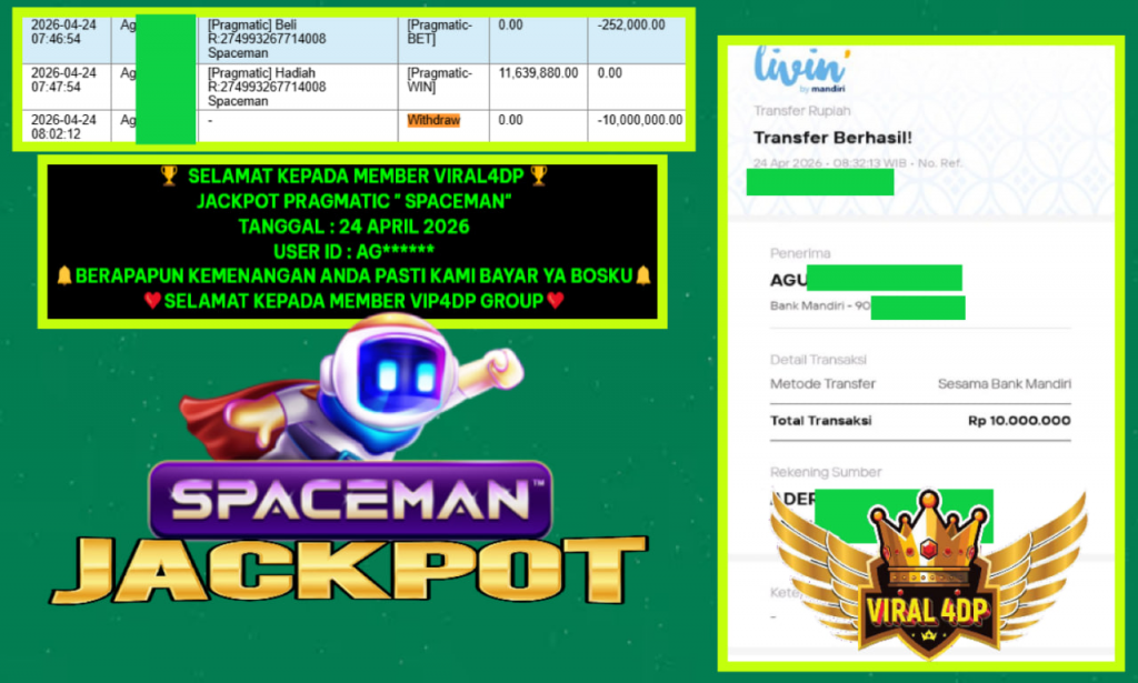 VIRAL4DP JACKPOT PRAGMATIC ” SPACEMAN ” Rp.10.000.000,- LUNAS