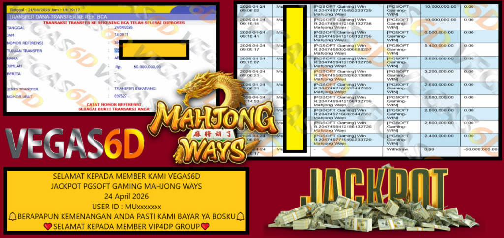 VEGAS6D JACKPOT PGSOFT GAMING MAHJONG WAYS Rp 50.000.000,- LUNAS