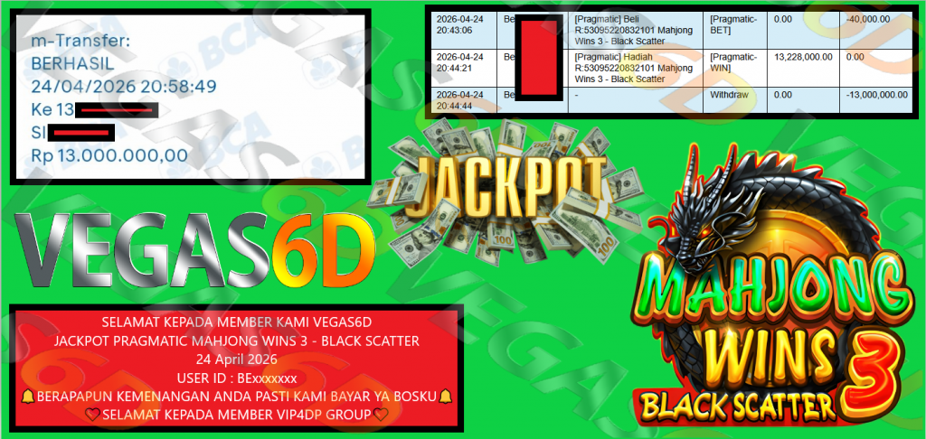 VEGAS6D JACKPOT PRAGMATIC MAHJONG WINS 3 – BLACK SCATTER Rp 13.000.000,- LUNAS