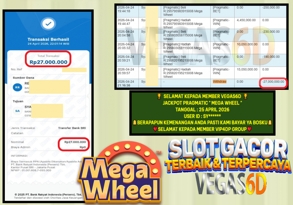 VEGAS6D JACKPOT PRAGMATIC ” PRAGMATIC MEGA WHEEL ” Rp.27.000.000,- LUNAS