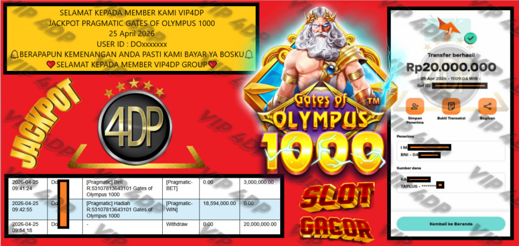 VIP4DP JACKPOT PRAGMATIC GATES OF OLYMPUS 1000 Rp 20.000.000,- LUNAS