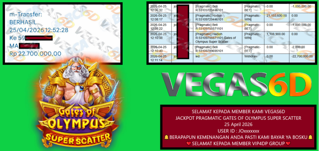 VEGAS6D JACKPOT PRAGMATIC GATES OF OLYMPUS SUPER SCATTER Rp 22.700.000,- LUNAS