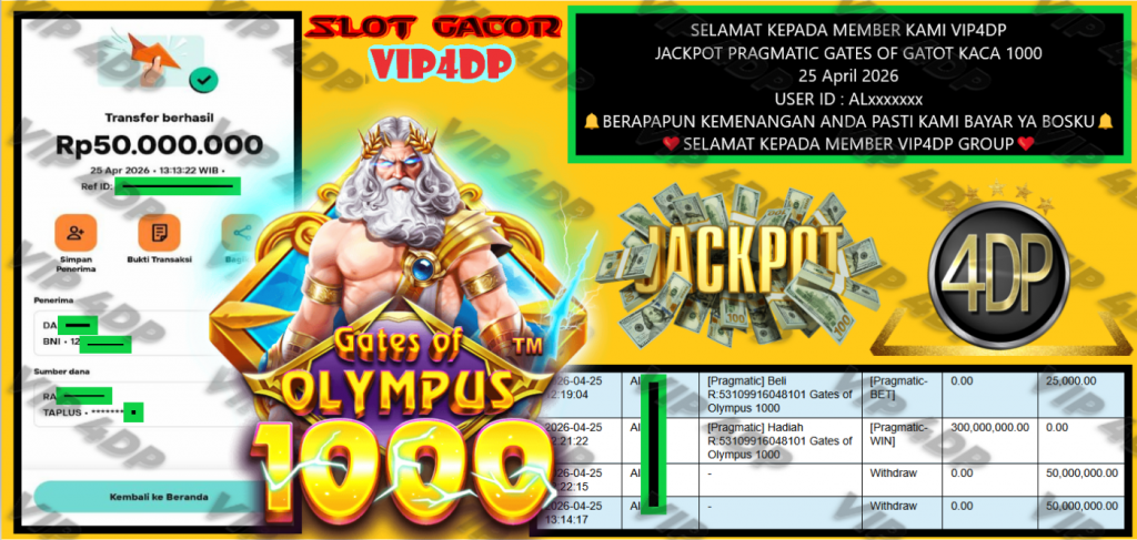 VIP4DP JACKPOT PRAGMATIC GATES OF GATOT KACA 1000 Rp 50.000.000,- LUNAS