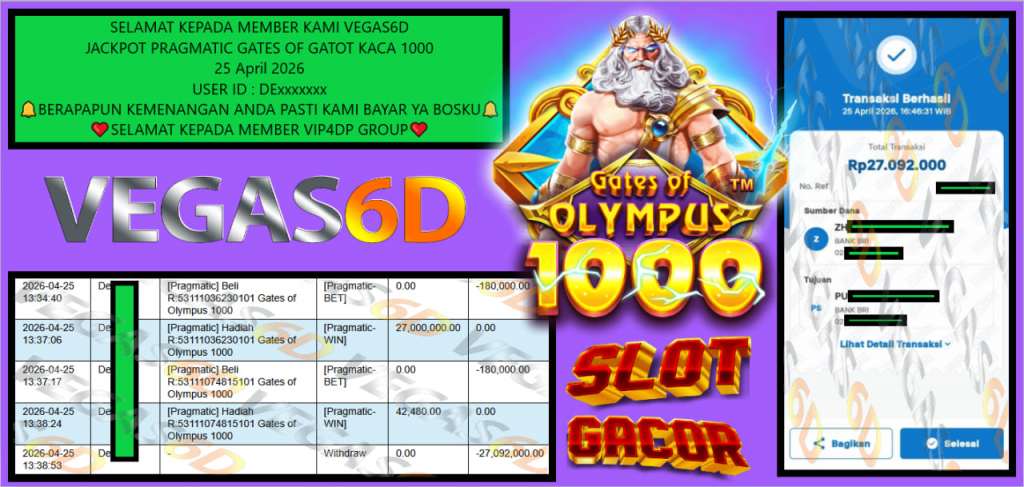 VEGAS6D JACKPOT PRAGMATIC GATES OF GATOT KACA 1000 Rp 27.092.000,- LUNAS