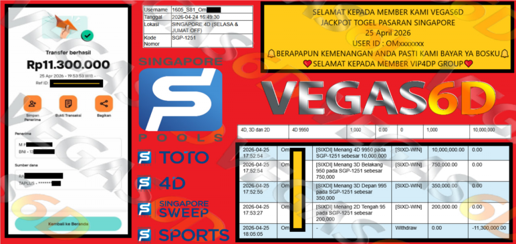 VEGAS6D JACKPOT TOGEL PASARAN SINGAPORE Rp 11.300.000,- LUNAS