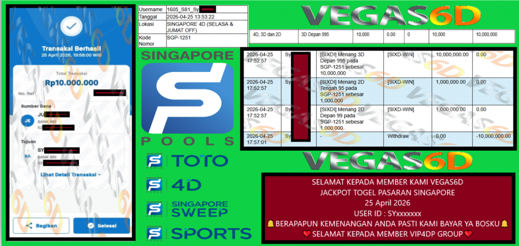 VEGAS6D JACKPOT TOGEL PASARAN SINGAPORE Rp 10.000.000,- LUNAS
