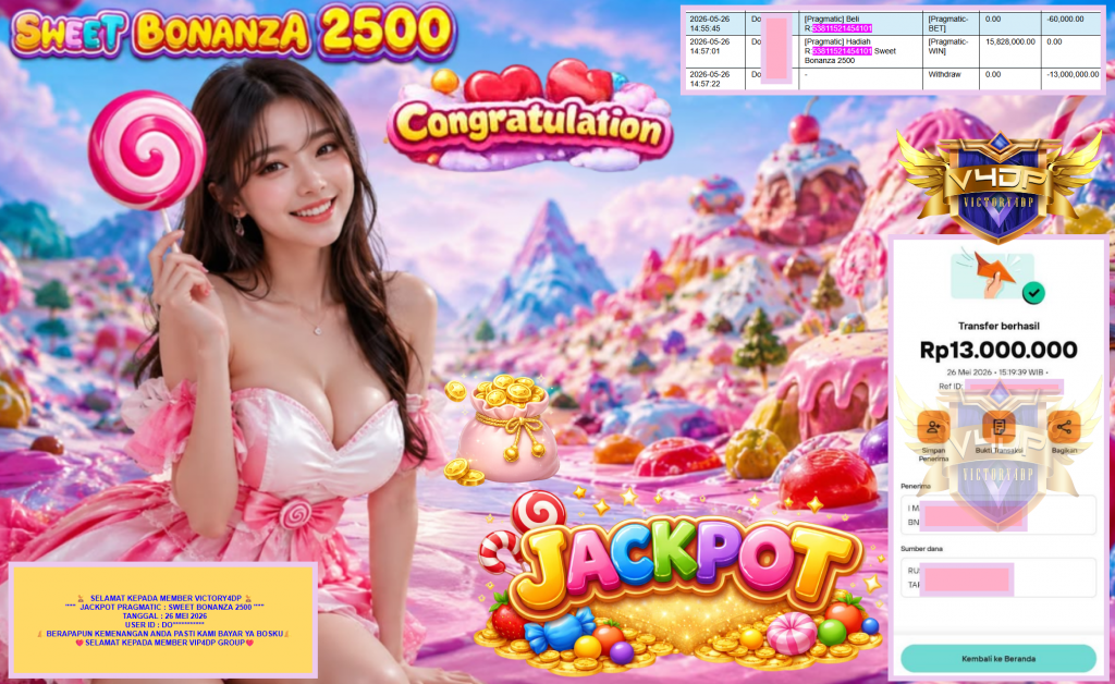 VICTORY4DP JACKPOT PRAGMATIC ”SWEET BONANZA 2500 ” Rp13.000.000,- LUNAS
