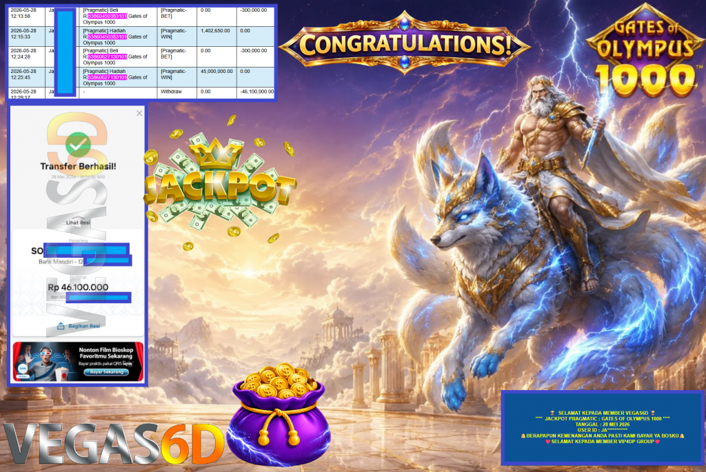 VEGAS6D JACKPOT PRAGMATIC ” GATES OF OLYMPUS 1000 ” Rp46.100.000,- LUNAS