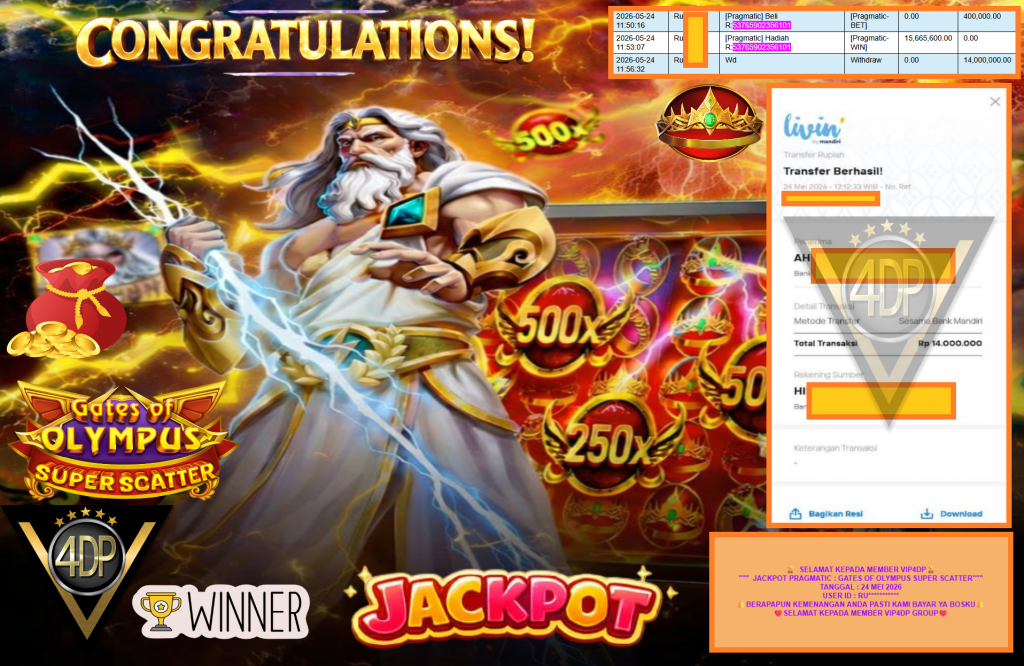 VIP4DP JACKPOT PRAGMATIC ”GATES OF OLYMPUS SUPER SCATTER” Rp14.000.000,- LUNAS