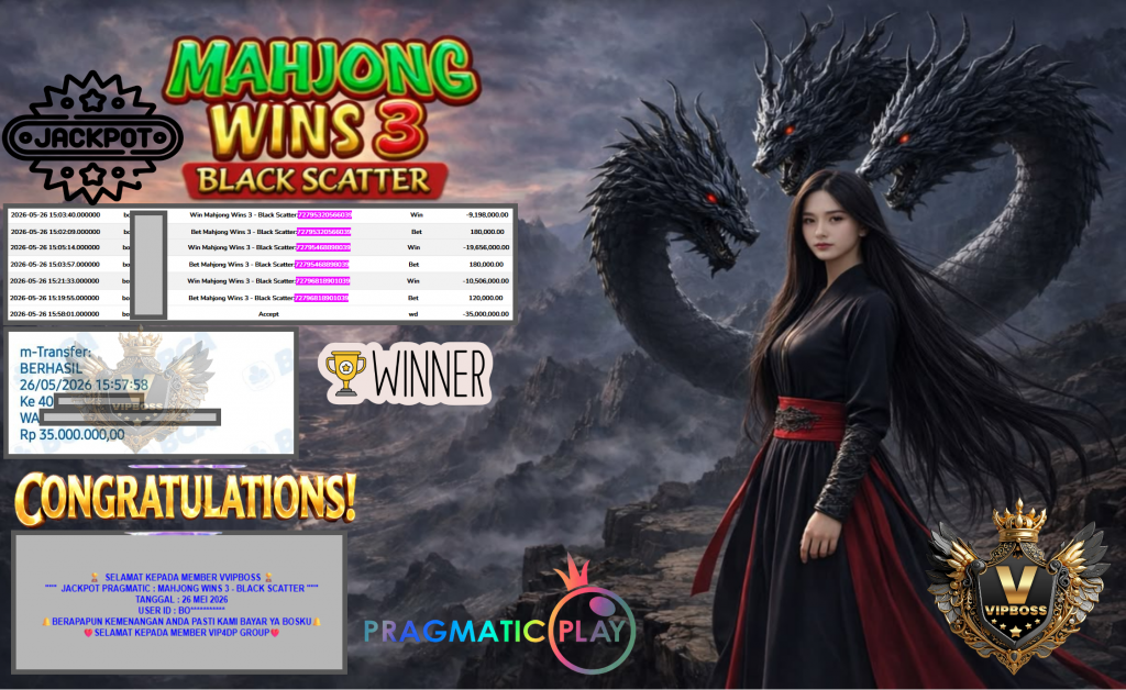 VVIPBOSS JACKPOT PRAGMATIC ”MAHJONG WINS 3 – BLACK SCATTER” Rp35.000.000,- LUNAS