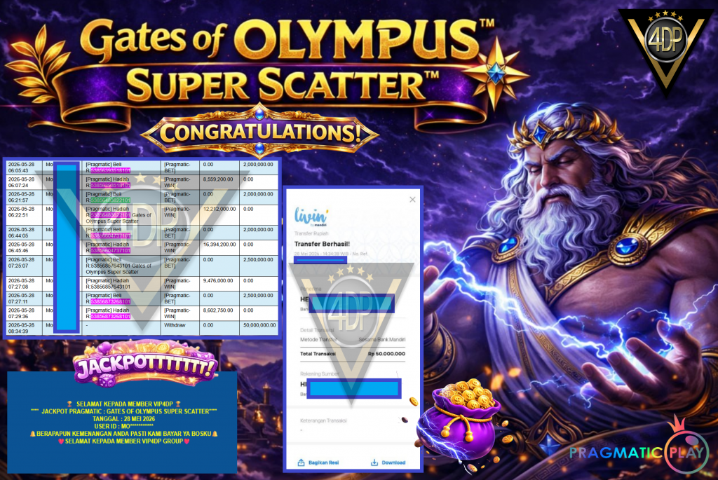 VIP4DP JACKPOT PRAGMATIC ” GATES OF OLYMPUS SUPER SCATTER ” Rp50.000.000,- LUNAS