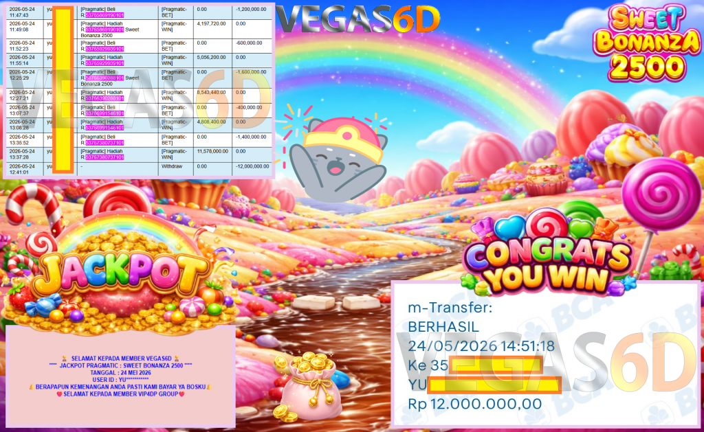 VEGAS6D JACKPOT PRAGMATIC ”SWEET BONANZA 2500” Rp27.000.000,- LUNAS